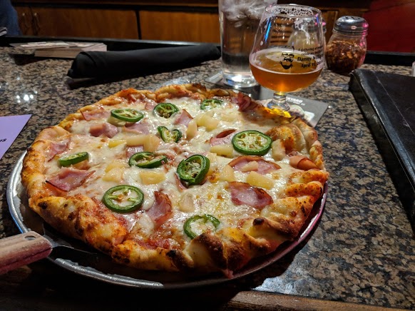 Hawaiian pizza with jalepenos, along with a Melvin 2x4 DIPA